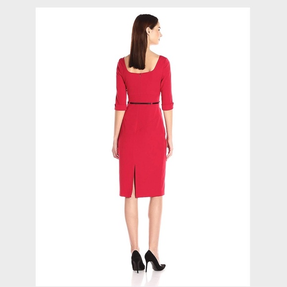 Black Halo Red Pink Belted Jackie O 3/4 Sleeve Dress Crepe Textured Size 4 - Picture 8 of 8
